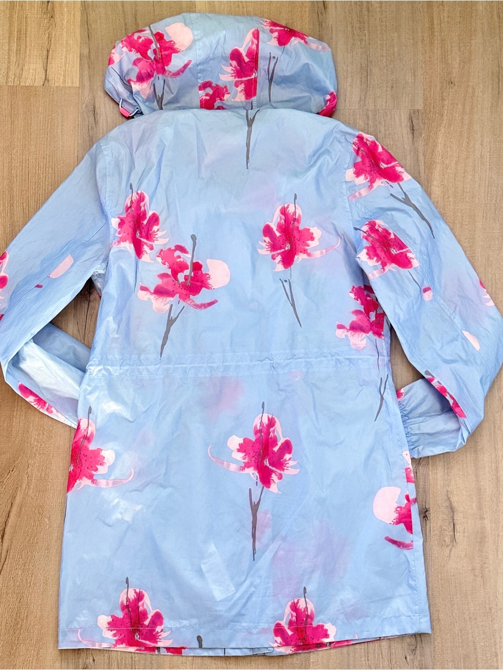 Joules Blue Pink Floral Lightweight Full Zipper Hooded Raincoat Rain Jacket - Picture 7 of 12